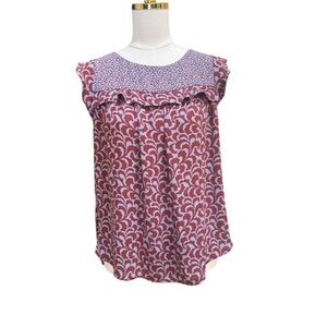 LOFT Ruffle Blouse Medium Red White Floral Print Sleeveless Flowy Top